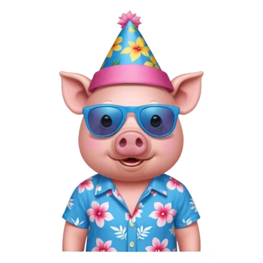 Pig with blue aloha shirt, birthday hat, sunglasses sticker