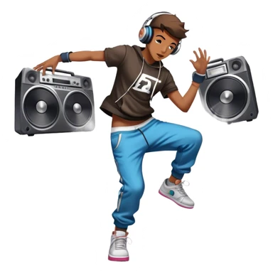 Icon for Street Dance: a dancer in urban streetwear performing a dynamic lower breakdance move, with a spray-painted background, headphones, and a boombox on the asphalt. The icon should capture the energy, style, and creativity of street dance culture. Transparent background. sticker