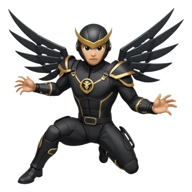 RAZORWING Look: Streamlined black suit with mechanical grappling wings folded behind Weapon: Sleek throwing knives strapped to chest and thighs Helmet: Visor with scanning HUD Vibe: Daring, sharp-eyed, fearless Stance: Leaping or gliding above the battlefield he is inspired by mortal kombat ninja sticker