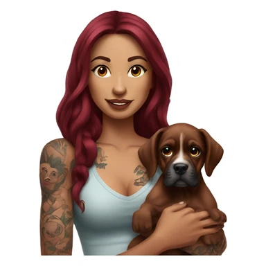 Beautiful tattooed  burgundy long haired woman holding a boxer puppy sticker