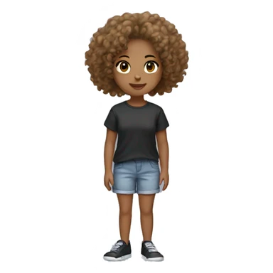 A girl with curly hair light brown skin with a baggy tee shirt and shorts with black slides sticker