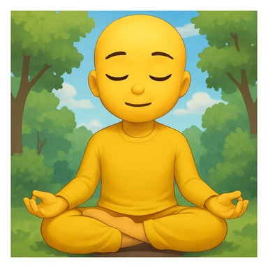 Add a peaceful nature background with trees and sky behind the meditating emoji, keep the classic emoji style sticker