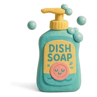 dish soap bottle in claymation style with bubbles and a playful label, pastel palette sticker