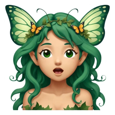 Cinematic Realistic Forest Nymph Fairy Portrait, head tilted slightly with a dramatic, wide-open yawn, revealing a tender, relaxed visage with finely detailed tanned skin and flowing, vine-adorned dark green hair gently framing her face. Her sleepy eyes exude a serene, dreamlike quality as soft natural sunlight filters through the canopy, showing her large butterfly wings from her back capturing the essence of a drowsy yet captivating forest nymph drifting into peaceful slumber. sticker