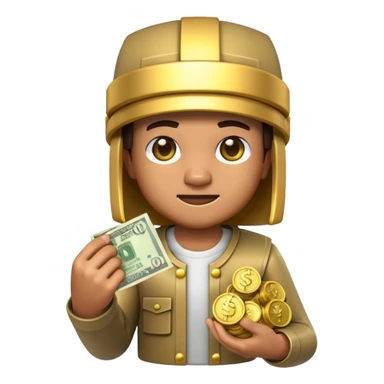 3D emoji, minecraft inspired character made of glossy plastic, holding money and gold coins, cinematic lighting, soft reflections, ultra detailed, centered, clean background, high resolution sticker