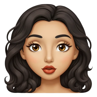 woman with olive skin, brown eyes and long lashes, and long black wavy hair giving a kiss sticker