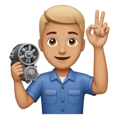 employee holding a car engine part in one arm and waving with right hand, clear and expressive emoji style sticker