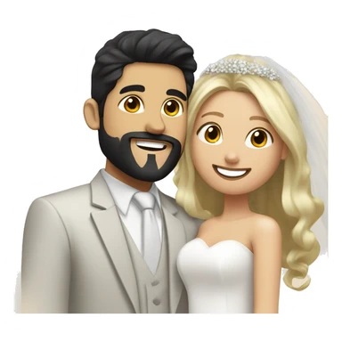 Wedding couple with Handsome middle eastern man with goatee and black hair and big smile with bride who has blonde hair , hair down , and beautiful  sticker