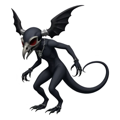 Shiny Dark Edgy  Duskull-Salandit-Inteleon-Amaura-Fakémon-hybrid-creature (full body) with a horned bird-skull-mask sticker