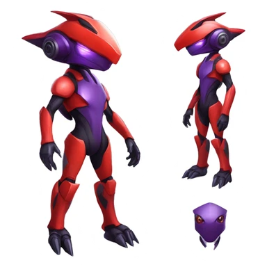 a shiny black-red-purple Genesect-Raptor-Fakémon—hybrid with a futuristic visor-helmet full body sticker