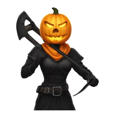 Human female pumpkin hunter with a scythe, glowing pumpkin eyes inside a black helmet, Halloween theme, emoji sticker