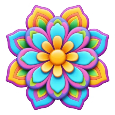 3D, psychedelic colored label with hippie style flower border sticker