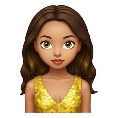 Logan Browning with long dark brown hair, yellow sequin dress sticker