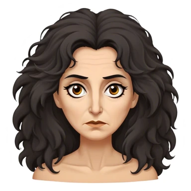 Mirri Maz Duur is a weathered, age 50 woman with deep-set dark eyes, high cheekbones, and a sharp nose, giving her a stern, knowing expression. Her long, unkempt dark frizzy hair  falls loosely over her shoulders sticker