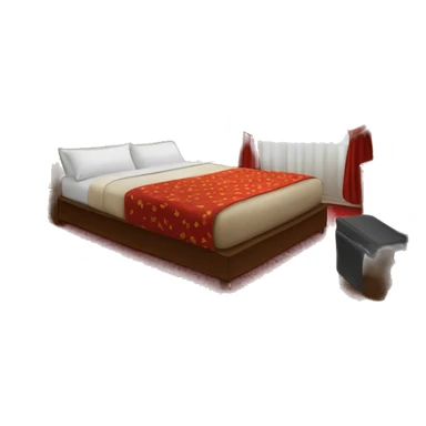 hotel room with a dirty bed , red wallpaper, and dirty carpet  sticker