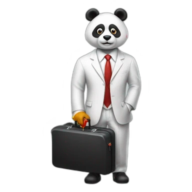 A professor with white suit and red tie and a panda face eating a hotdog and holding a black suitcase sticker