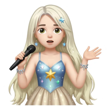 billie eilish is singing, 2 hands holding mirco and twinkle dresss, white long hair sticker
