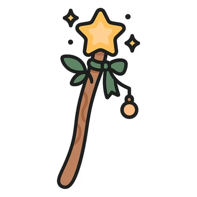 A cute and magical wand with an elegant, whimsical design, incorporating a color palette of golden orange (FA9B41), forest green (4A7C5C), soft taupe brown (96775A), and pastel peach (FFCC9A). The wand is slender and slightly curved, made of smooth wood with delicate carvings. At the top, there's a glowing gem or star in peachy tones, surrounded by tiny sparkles. Decorative elements like a ribbon, tiny leaves, or a small charm add a cozy, storybook-like charm. The overall look is gentle, enchanting, and magical, perfect for a forest fairy or a kindhearted young wizard sticker