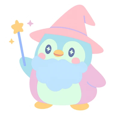 playful style chubby penguin wizard with a big beard and pointy hat sticker