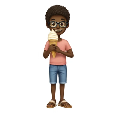 A boy eating ice cream with sandals with a glasses on his face sticker
