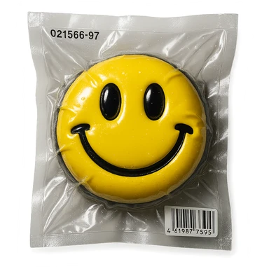 smiley face with shiny and squished look, vacuum-sealed style sticker