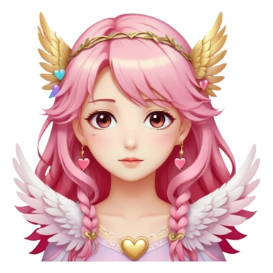 Dreamy pretty pastel anime flowers feathers hearts wings angelic laurel lady with pretty hair and gorgeous eyes, romantic aesthetic, reds, pinks, golds, whites, gradient hues, shiny, sparkly, cute, beautiful, sexy sticker