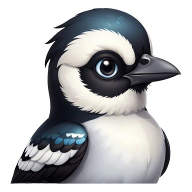 Cinematic Cute Magpie Portrait Emoji, Head tilted playfully and inquisitively, featuring a compact, elegant form with glossy, contrasting black and white feathers and round, sparkling eyes full of playful charm, Simplified yet irresistibly adorable features, highly detailed, glowing with a warm, inviting glow, high shine, affectionate and lively, stylized with a touch of whimsical urban flair, soft glowing outline, capturing the essence of a mischievous yet endearing magpie that seems as if it could flit out of the screen into your arms! sticker
