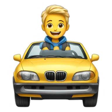 a happy boy sitting on the car sticker