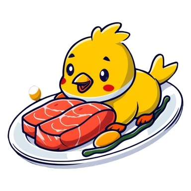 Cute sticker of a floating plate with a large chicken breast as the main focus, a red meat steak, smaller salmon fillet, and tiny egg, orbiting a DNA symbol, with energy flowing to a strong muscular cartoon figure sticker