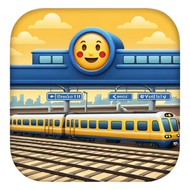 train station with multiple platforms and trains, emoji style sticker