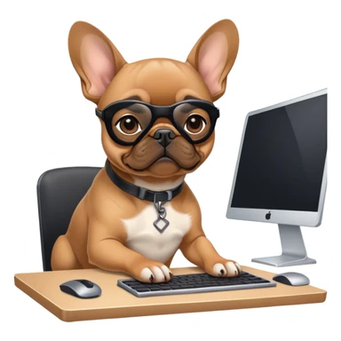 Fawn Frenchie with black muzzle working behind computer sticker