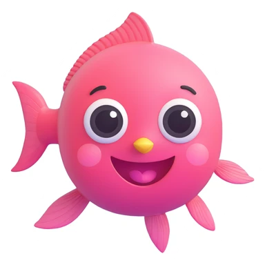 cute pink fish emoji, swimming, big smiling face, huge shiny eyes, rosy cheeks, tiny fins, soft pastel colors, underwater background with bubbles and coral, 3D glossy style, chibi emoji look, super kawaii sticker
