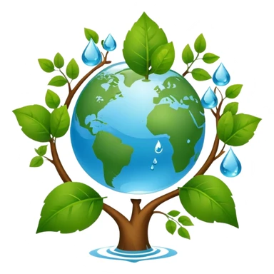 An icon featuring a globe with green leaves, a recycling symbol, and a water droplet, symbolizing ecology. The design includes trees, animals, and renewable energy icons, representing the study of ecosystems, environmental protection, and sustainability. Transparent background sticker
