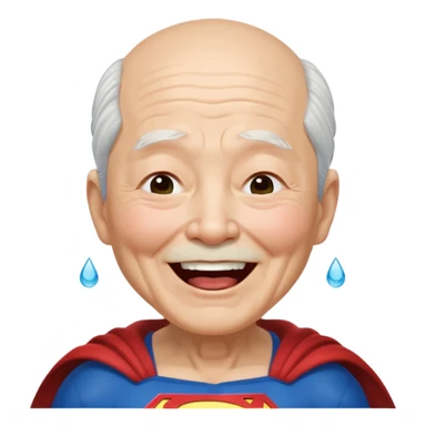Chinese elderly dressed as Superman laughing exeedingly with closed eyes and tear drops sticker