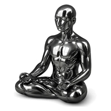 a serene gathering of metallic chrome figures, diverse, meditating in the lotus position, peaceful and harmonious, no background sticker