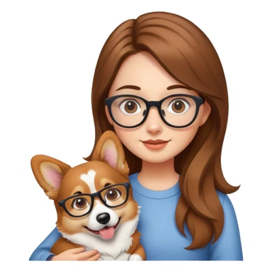 A girl with long brown hair and glasses is holding a corgi sticker