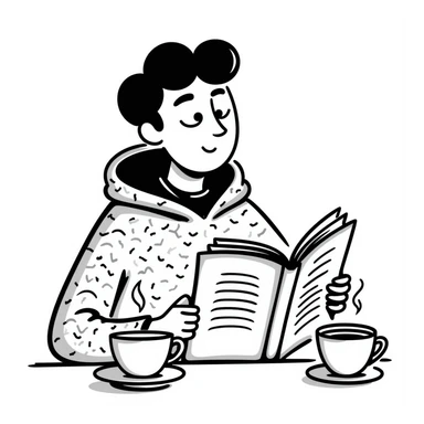 Chaucer reading and drinking tea, playful and sketchy, hand-drawn doodle style sticker