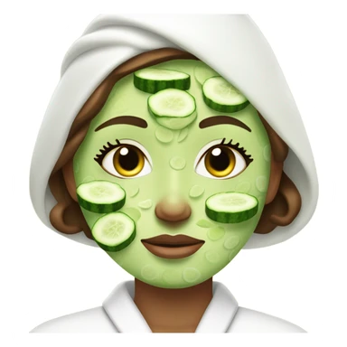 Girl with freackles Brown hair white skin and blue eyes wears Green colored texture skin care mask all over her face while She relaxes and puts two round piece of cucumber on her closed eyes In a white Robe sticker