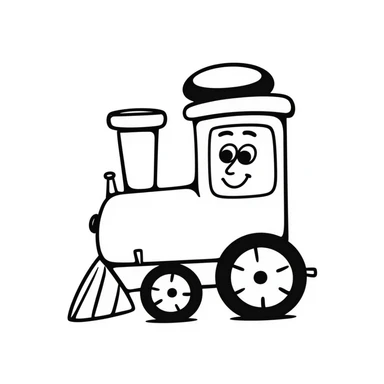 A hand-drawn toy train with a goofy happy expression and a conductor's hat sticker