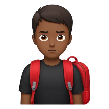 Create an emoji of a young man with short dark hair and a serious expression. He is wearing a black t-shirt and a red backpack, giving a confident and professional look. The emoji should reflect his focus and determination. sticker