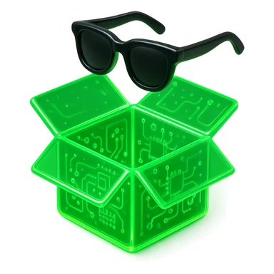green neon delivery box opened with a pair of black sunglasses flying above the box, glowing, modern, vibrant style sticker