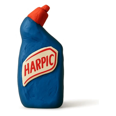 claymation style Harpic toilet cleaner bottle sticker