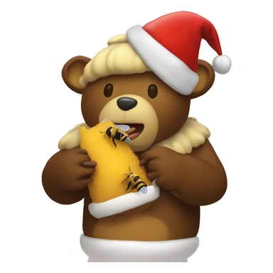 a bee eating a bear wearing a christmas hat sticker