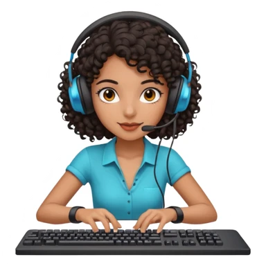 Dark Spanish girl with dark curly hair, wearing a gaming headset and playing with keyboard and mouse   sticker
