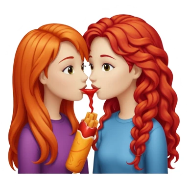 two girls kissing, one with long straight hot cheeto  red hair, the other with long curly blonde hair sticker