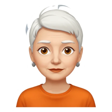 older white haired woman with orange shirt short white hair make eyebrows brown sticker