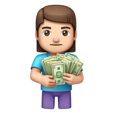 emoji style icon, minecraft blocky character holding a stack of money, pixel art style, bright colors, simple background, 3D glossy emoji, centered composition, soft shadow, high detail, clean outline, white background sticker