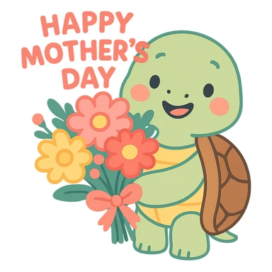 cute turtle holding a bouquet of flowers, pastel colors, Mother's Day theme sticker