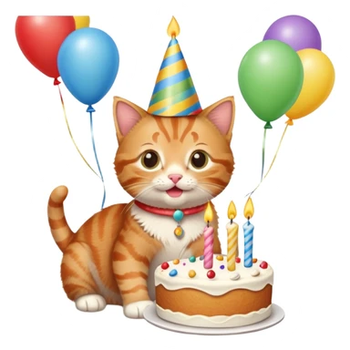 Ginger tabby kitten celebrates birthday, birthday hat, birthday cake, one candle, balloons, happy, gifts sticker