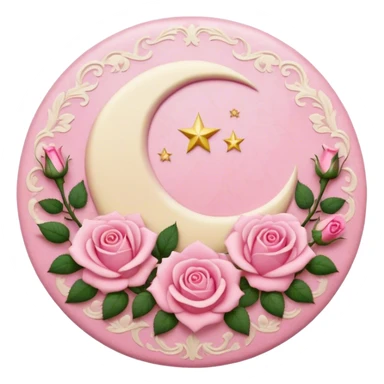 A round pink button with a cream colored crescent damask moon and pink roses in the center sticker